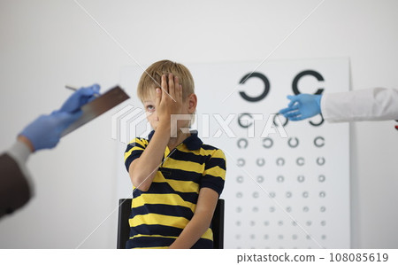 Boy at an ophthalmologist's appointment closes one eye and answers questions. 108085619