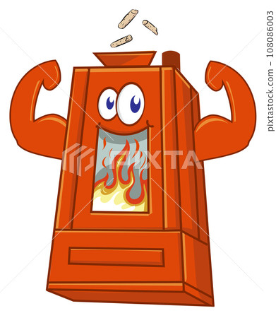 Wood pellett stove cartoon mascot,isolated on white background Wood pellett stove cartoon mascot,isolated on white background 108086003