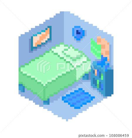 Isometric, pixel illustration of a room with a green bed 108086459