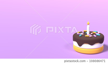 Cartoon style birthday cake. Birthday cake with candle. Party surprise decoration. 3D rendering Cartoon style birthday cake. Birthday cake with candle. Party surprise decoration. 3D rendering 108086471