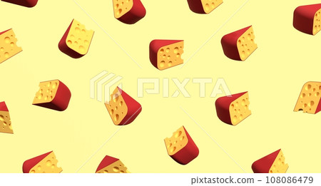 Pieces of cheese icon. Cheese pieces on yellow background. 3D render of a cheese. Cheese concept. Banner with food. 3D rendering 108086479