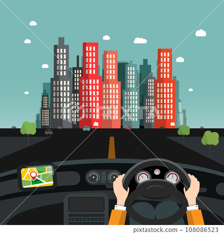 Driving car design - hands on steering wheel, gps navigation and cars on asphalt road, city on background, vector Driving car design - hands on steering wheel, gps navigation and cars on asphalt road, city on background, vector 108086523