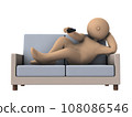 A lazy man lying on the sofa and zapping with a remote control. White background. 3D rendering. A lazy man lying on the sofa and zapping with a remote control. White background. 3D rendering. 108086546