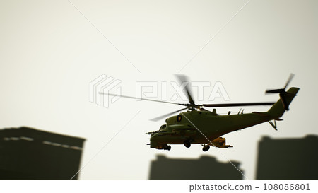Yellow helicopter during a rescue operation in the city. 3d render Yellow helicopter during a rescue operation in the city. 3d render 108086801