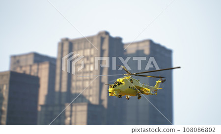 Yellow helicopter during a rescue operation in the city. 3d render Yellow helicopter during a rescue operation in the city. 3d render 108086802
