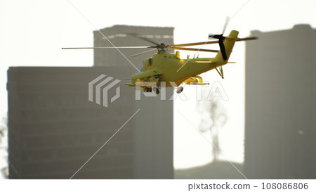 Yellow helicopter during a rescue operation in the city. 3d render 108086806