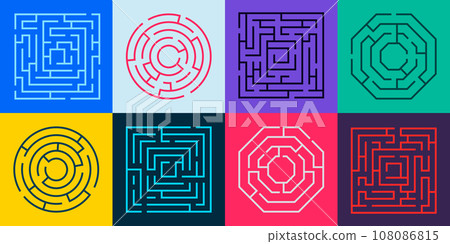 Maze path. Round labyrinth riddle with wrong way and right way, labyrinth puzzle with gate and deadlock, maze game concept. Vector illustration 108086815