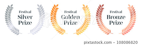 Gold silver bronze laurel. Awarded prize, best award for actor, jury prize for cinema, certificate for music video. Vector flat set Gold silver bronze laurel. Awarded prize, best award for actor, jury prize for cinema, certificate for music video. Vector flat set 108086820
