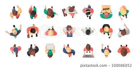 People top view. Cartoon persons heads from above, group of people walking on street, woman and men characters view. Vector flat illustration People top view. Cartoon persons heads from above, group of people walking on street, woman and men characters view. Vector flat illustration 108086852