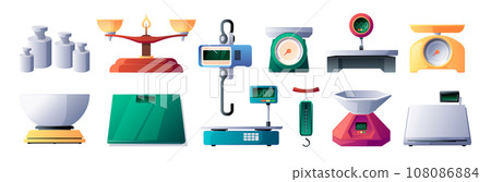 Store scales. Measuring instruments for grocery store, kitchen and fitness, flat platform kilogram gram pounds. Vector precision instruments isolated set Store scales. Measuring instruments for grocery store, kitchen and fitness, flat platform kilogram gram pounds. Vector precision instruments isolated set 108086884
