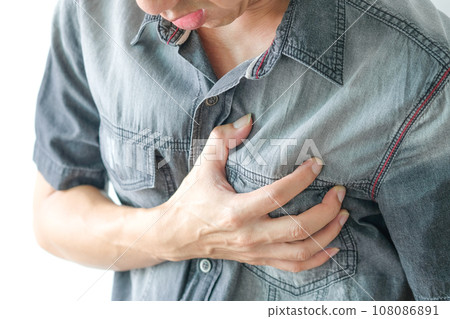Heart attack, Man standing chest pain in the bedroom Health concept. Heart attack, Man standing chest pain in the bedroom Health concept. 108086891