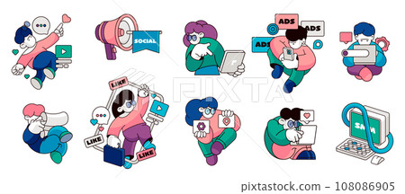 Social media marketing. Online advertising with user likes and comments. Mobile internet site layout with chat and share buttons. Vector concept Social media marketing. Online advertising with user likes and comments. Mobile internet site layout with chat and share buttons. Vector concept 108086905