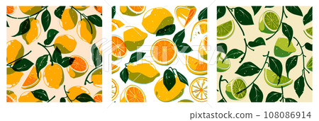 Citrus trendy pattern. Seamless print of abstract tropical fruit tree leaves, funny botanical floral backdrop for fabric textile. Vector texture 108086914