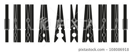 Clothes pin silhouettes. Line wooden pins holding cloth, laundry fastener tool flat style. Vector isolated collection Clothes pin silhouettes. Line wooden pins holding cloth, laundry fastener tool flat style. Vector isolated collection 108086918