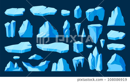 Ice pieces and glaciers. Cartoon frozen floating ice chunks, mountain icebergs and polar sea floe, winter climate concept. Vector isolated set Ice pieces and glaciers. Cartoon frozen floating ice chunks, mountain icebergs and polar sea floe, winter climate concept. Vector isolated set 108086919