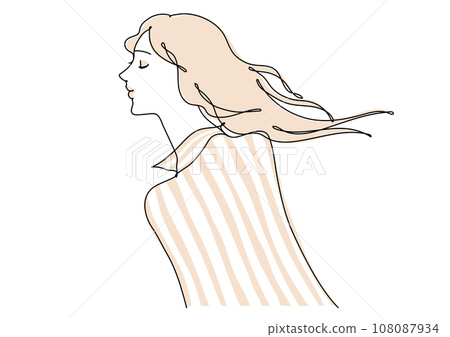一個頭髮在風中飄揚的女人側面的線條畫 108087934