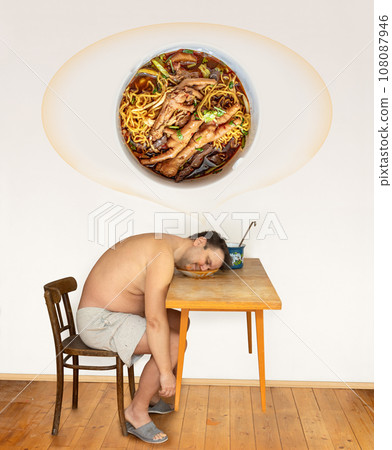 The happy fat man dreams of food with his head in a plate full of soup. 108087946
