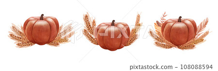 Watercolor set realistic whole pumpkin and ears of wheat. Hand-drawn illustration isolated on white background. Perfect for menu cafe, template natural food, cooking, packing food, card thanksgiving. Watercolor set realistic whole pumpkin and ears of wheat. Hand-drawn illustration isolated on white background. Perfect for menu cafe, template natural food, cooking, packing food, card thanksgiving. 108088594
