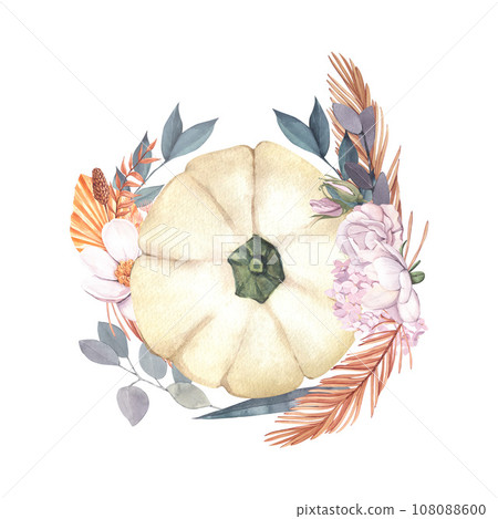 Watercolor whole fresh white pumpkin and flowers. Hand-drawn illustration isolated on white background. Perfect for menu cafe, template eco natural food, cooking, packing food, card thanksgiving Watercolor whole fresh white pumpkin and flowers. Hand-drawn illustration isolated on white background. Perfect for menu cafe, template eco natural food, cooking, packing food, card thanksgiving 108088600