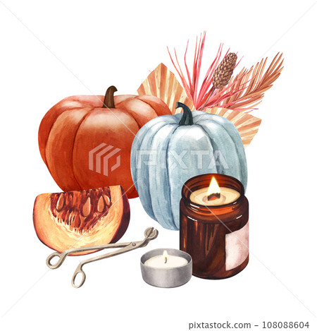 Watercolor candles and pumpkins, autumn decor. Hand-drawn illustration isolated on white background, cozy home and hygge concept. Perfect for menu, cooking, packing, card 108088604