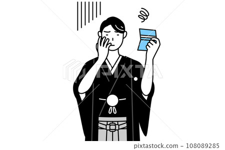 一名穿著鳳頭袴的男子看著他的銀行存摺，表情沮喪 108089285