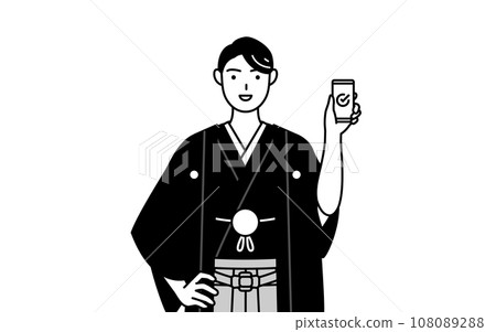 一名身穿鳳頭袴、在工作中使用智慧型手機的男子 一名身穿鳳頭袴、在工作中使用智慧型手機的男子 108089288