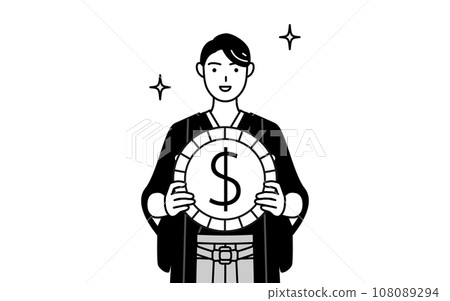 外匯收益和強勢美元的形象,身穿鳳頭袴的男子 外匯收益和強勢美元的形象,身穿鳳頭袴的男子 108089294