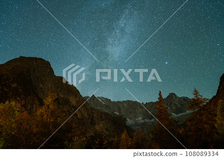 Milky Way over Mountains of Mont Blanc Massif. Switzerland. Starry Sky. Night Landscape Milky Way over Mountains of Mont Blanc Massif. Switzerland. Starry Sky. Night Landscape 108089334
