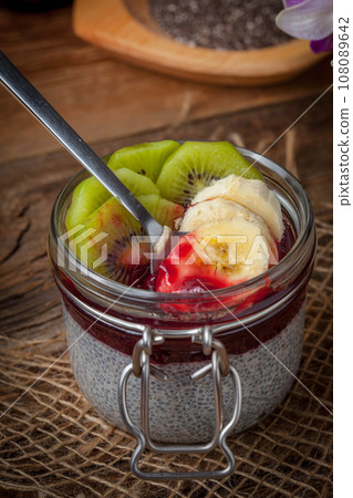 Chia seed pudding with fruit. Chia seed pudding with fruit. 108089642