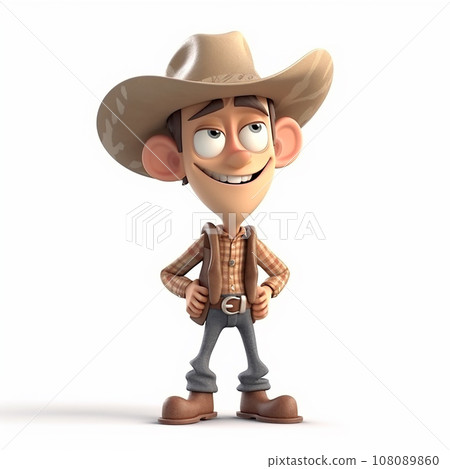 Cowboy in a big hat and boots, funny cute cartoon 3d illustration on white background, creative avatar Cowboy in a big hat and boots, funny cute cartoon 3d illustration on white background, creative avatar 108089860