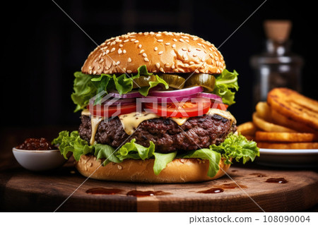 Delicious burger on a dark background. Generative AI Delicious burger on a dark background. Generative AI 108090004
