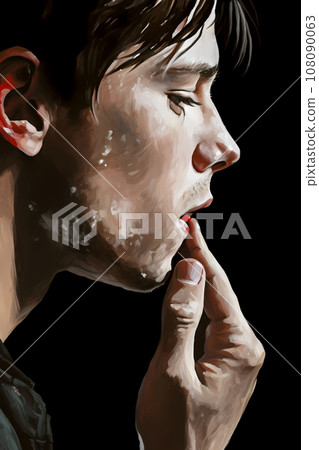 A profile portrait of a sad young man putting a red capsule in his mouth. Illustration of a white boy looking lost and confused, holding a red pill in his hand 108090063