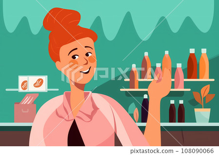 Colorful illustration of a smiling customer next to supermarket shelves. White lady waving her hand and calling out to a salesperson, with a cheerful expression on her face. Caucasian woman working as 108090066