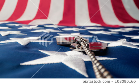 Military dog tag crawling on a USA flag for Veterans Day Military dog tag crawling on a USA flag for Veterans Day 108090160
