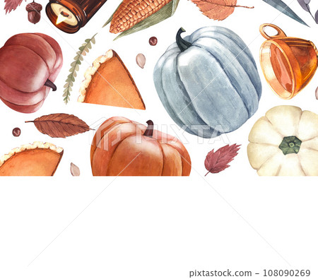 Watercolor pumpkins orange and blue color, pumpkin pie, autumn leaves and apple. Thanksgiving Day dinner concept. Hand-drawn illustration isolated on white background. Perfect for menu, card, frame Watercolor pumpkins orange and blue color, pumpkin pie, autumn leaves and apple. Thanksgiving Day dinner concept. Hand-drawn illustration isolated on white background. Perfect for menu, card, frame 108090269