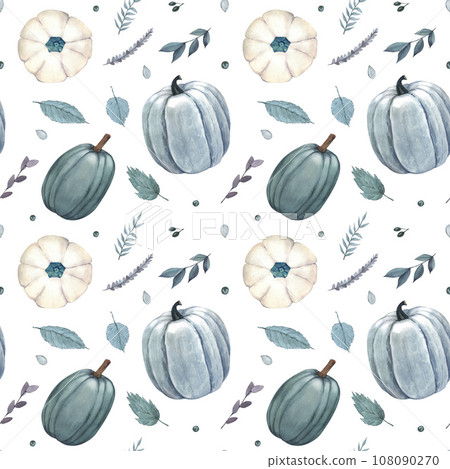 Watercolor pattern pumpkins and blue autumn leaves. Hand-drawn illustration isolated on white background. Concept for fabric print, label, banner, menu, flyer, brochure template 108090270