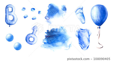 Newborn, gender reveal or birthday party Baby Boy clipart set. Air ballon blue splashes body suit, footprint, letter B and male sign. Watercolor hand drawn illustrations isolated on white background 108090405