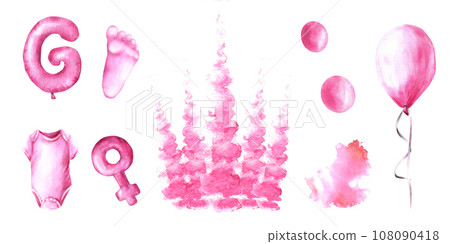 Newborn, gender reveal or birthday party Baby Girl clipart set. Air ballon pink splashes body suit, footprint, letter G and female sign Watercolor hand drawn illustrations isolated on white background 108090418