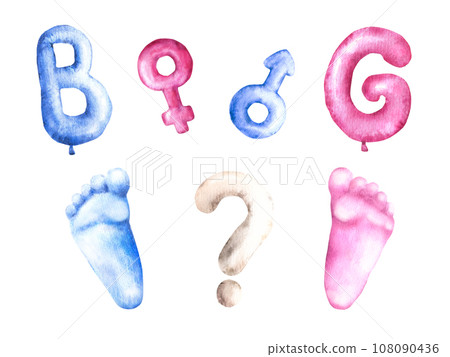 Gender reveal party set Letters B and G, Mars and Venus gender sing, footprint, question mark. Baby Boy or girl, he or she, birthday party Watercolor painted illustration isolated on white background. 108090436
