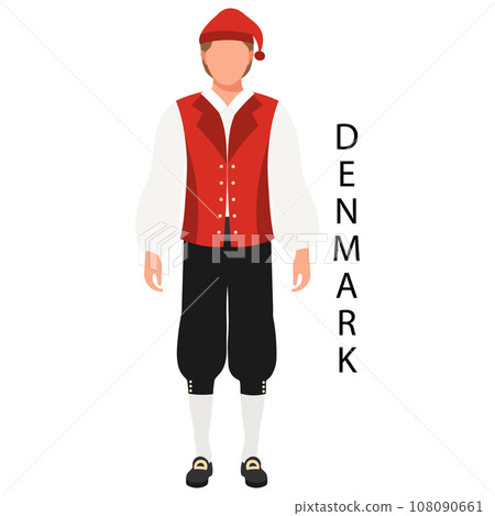 A man in a Danish folk costume and headdress. Culture and traditions of Denmark. Illustration, vector A man in a Danish folk costume and headdress. Culture and traditions of Denmark. Illustration, vector 108090661