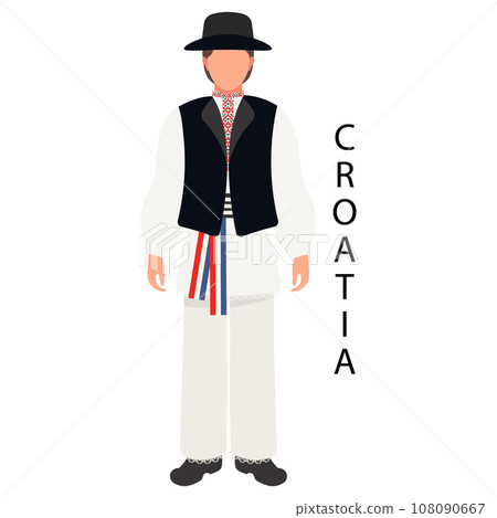 A man in a Croatian folk costume and headdress. Culture and traditions of Croatia. Illustration, vector A man in a Croatian folk costume and headdress. Culture and traditions of Croatia. Illustration, vector 108090667