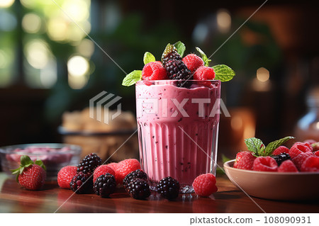 Berry Burst Smoothie on table with kitchen background, photo realistic, AI generated 108090931