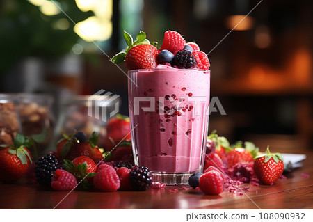 Berry Burst Smoothie on table with kitchen background, photo realistic, AI generated Berry Burst Smoothie on table with kitchen background, photo realistic, AI generated 108090932