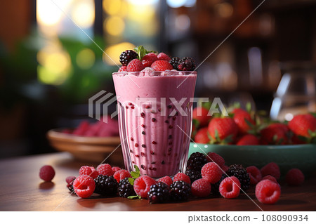 Berry Burst Smoothie on table with kitchen background, photo realistic, AI generated Berry Burst Smoothie on table with kitchen background, photo realistic, AI generated 108090934
