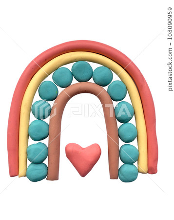 plasticine 3d illustration. boho rainbow. cute picture with a rainbow and a plasticine heart, pastel colors, decoration for children 108090959