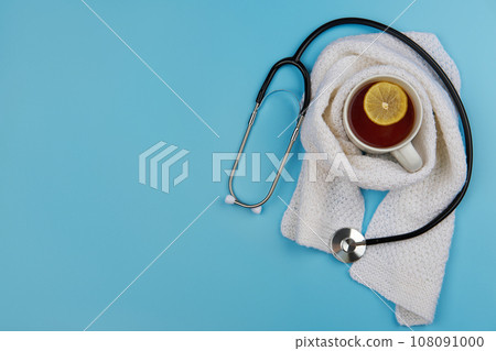 Healthcare, medicine, flu and treatment concept. Top view flat lay with copy space. Healthcare, medicine, flu and treatment concept. Top view flat lay with copy space. 108091000