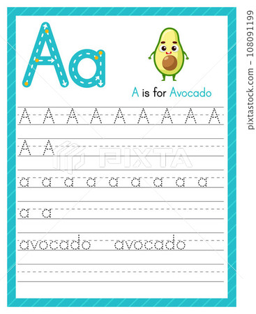 Trace letter A uppercase and lowercase. Alphabet tracing practice preschool worksheet for kids learning English with cartoon avocado. Activity page for Pre K, kindergarten. Vector illustration 108091199