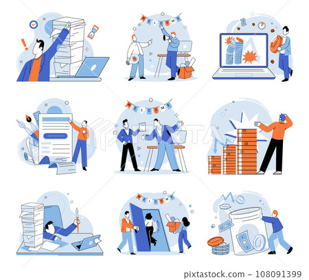 Business chaos. Vector illustration. The tangled web tasks and responsibilities leads to anxiety and depression Difficulties arise due to pressure and overload work, leaving individuals feeling 108091399