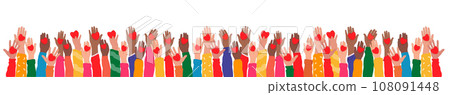 Hands raised up hold hearts, share compassion and hope with those in need. Multinational palms of human hands give support. Hands raised up hold hearts, share compassion and hope with those in need. Multinational palms of human hands give support. 108091448