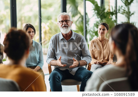Therapy Group Sitting in Circle, Engaged in Therapist's Story. Generative Ai. 108091589